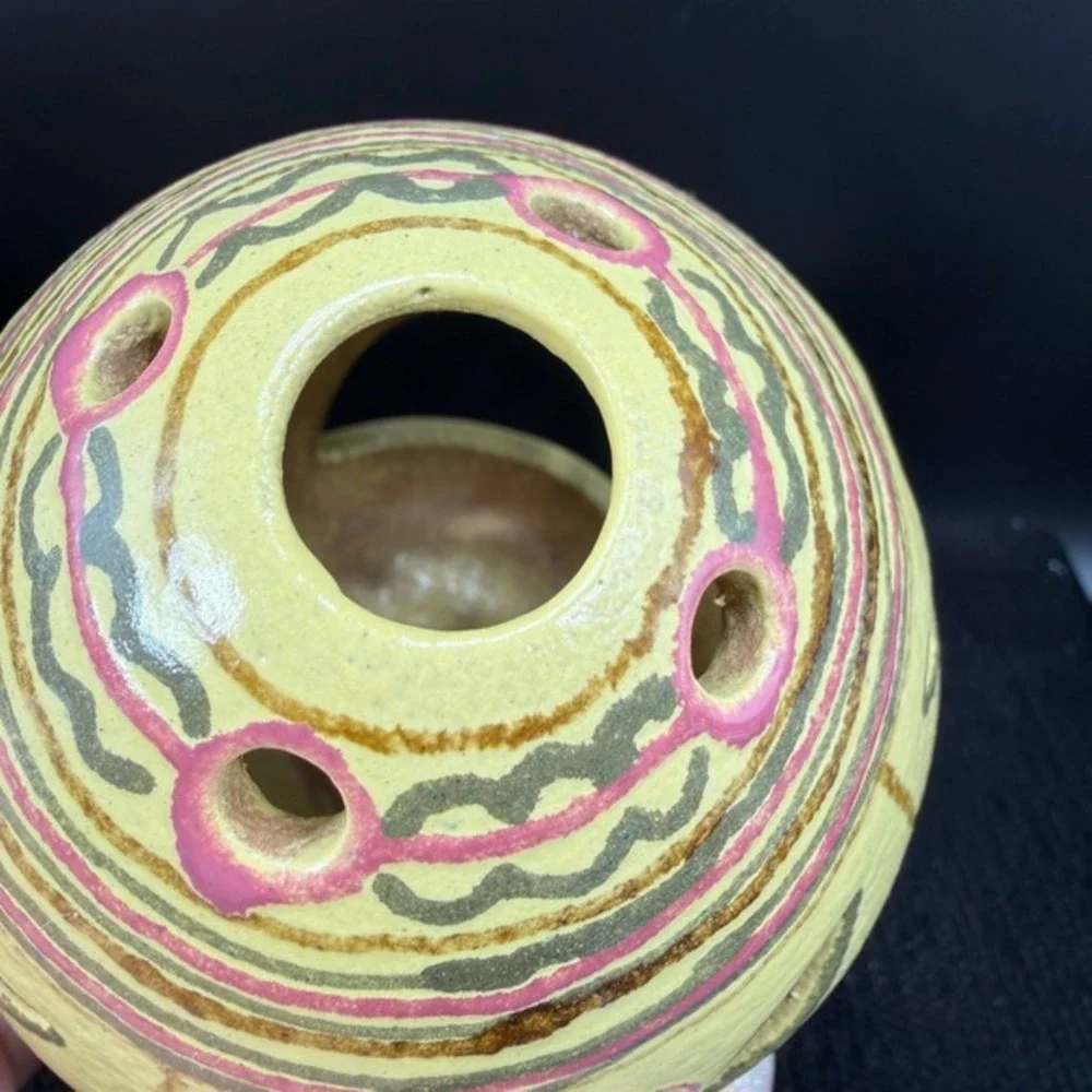 Hand Painted‎ Ceramic Candle Holder Floral Cutout Pottery Luminary Yellow Decor